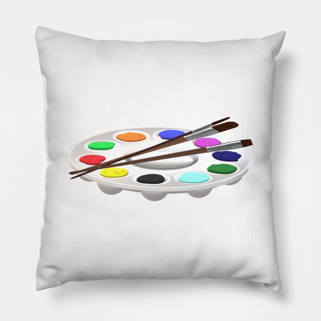 Round Artist Palette with Paints and Paint Brushes (White Background) Pillow by Art By LM Designs 