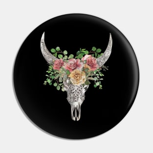 Boho Cow Skull with Floral Design ,lCountry, western style Pin