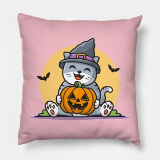 Cute Witch Cat Hug Pumpkin Halloween Cartoon Vector Icon Illustration Pillow