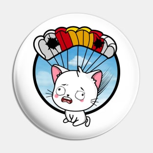 Silly white cat has a broken parachute Pin