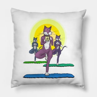 Yoga Cats and Coffee - Tree Pose - Third Eye Open - Funny Cartoon Pillow