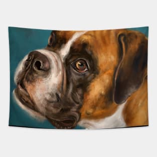 Vibrant Painting of a Gorgeous Brown Boxer Dog on Dark Blue Background Tapestry