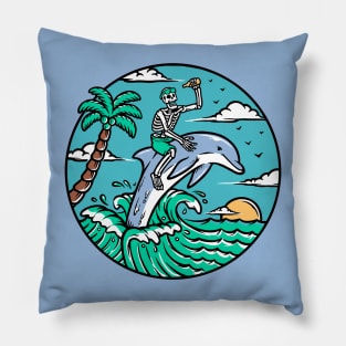 Funny Cartoon Skeleton Riding a Dolphin Pillow