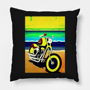 YELLOW SURREAL RETRO MOTORCYCLE ON THE BEACH Pillow