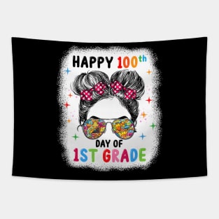 Bleached Happy 100th Day Of 1st Grade Messy Bun Kids Girls Tapestry