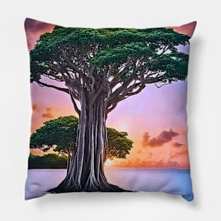 Towering Majestic Banyan Tree Sunset Pillow