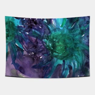 Abstract colorful background with watercolor wild flowers. Blue-violet-green painting with sunflowers. For the fabric, textile, wall decor, wallpapers, covers and packaging. Tapestry