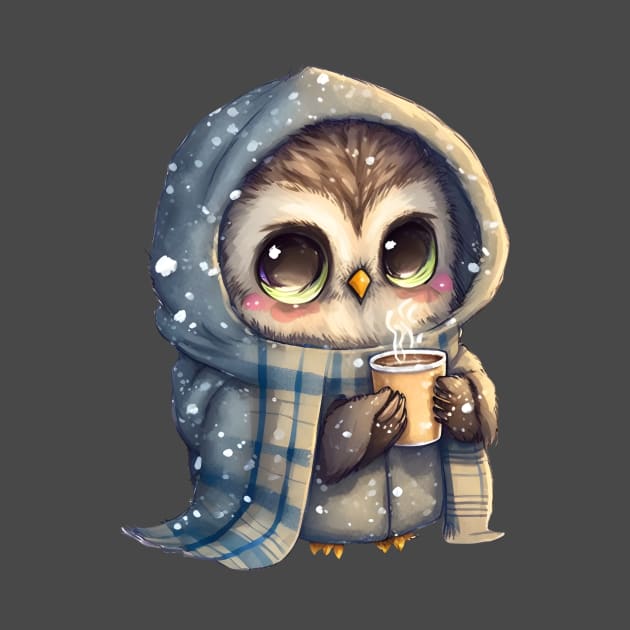 Chibi Owl Drinking Hot Chocolate cute christmas snow design series 5 by Mi Styles