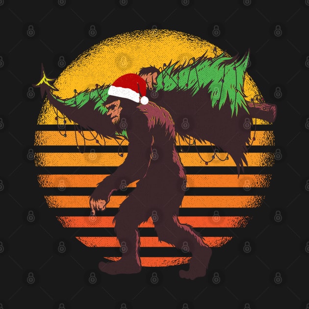 Big Foot Sasquatch Carrying A Christmas Tree Retro Sunset Santa Hat by Rosemarie Guieb Designs