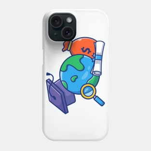 Scholarship, Graduation Cap, World, Certificate And Money Bag Cartoon Phone Case