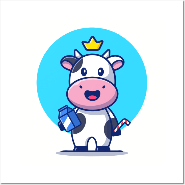 Cute Cow Holding Milk Box And Straw - Cow - Posters and Art Prints