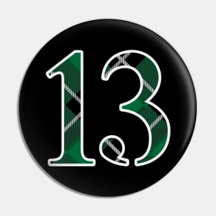 13 Sports Jersey Number Green Black Flannel Pin