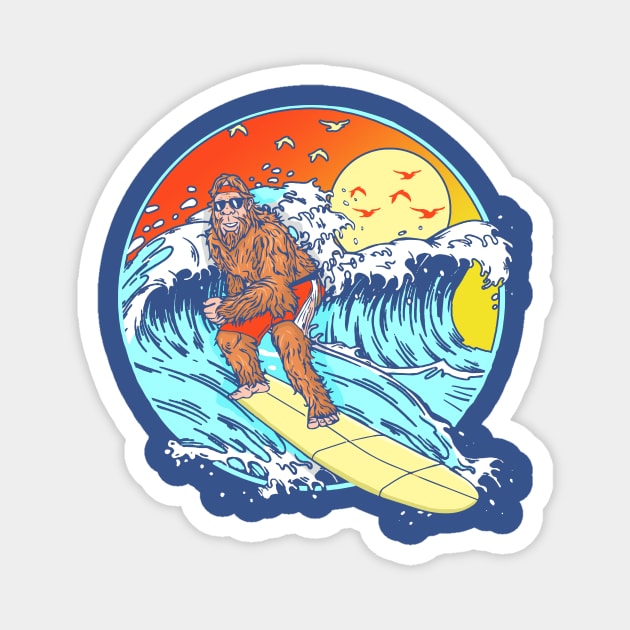 Surfing Bigfoot Funny Beach Sasquatch Surfer Waves Retro 80s Magnet by GIANTSTEPDESIGN