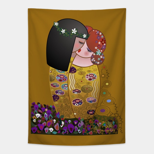 Kokeshis Lesbians The kiss of Klimt Tapestry by Pendientera