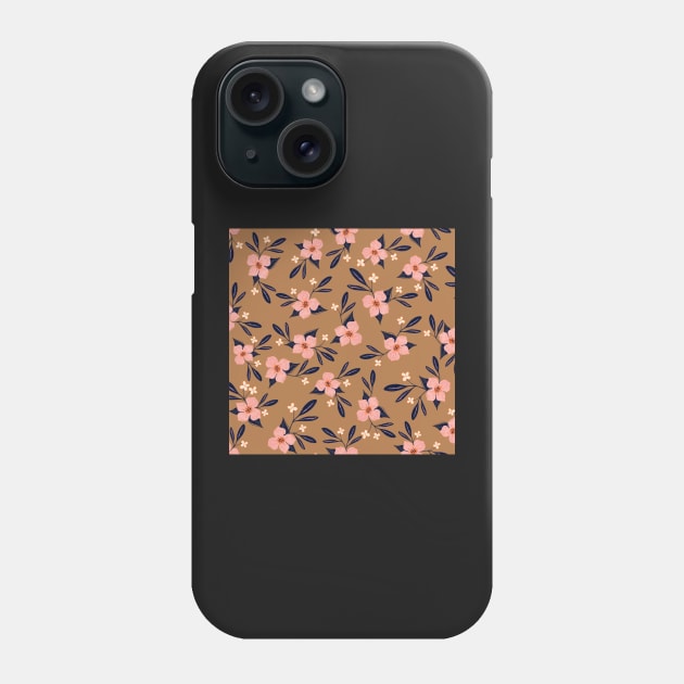 Pink flowers on brown Phone Case by Papergrape