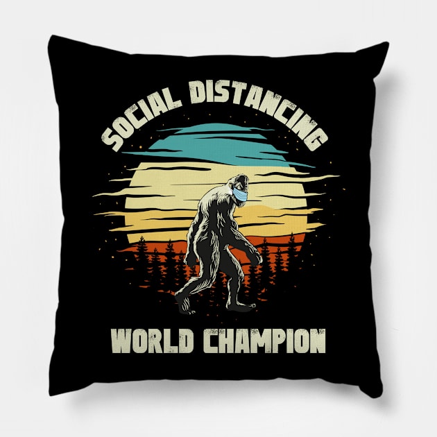 Social Distancing World Champion Retro Bigfoot Funny Quarantine Pillow by kdpdesigns