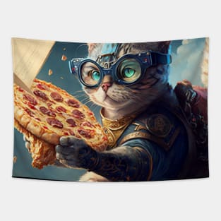 Funny Cat Flying and Delivering Pizza - Funny Digital Artwork Futuristic Art Birthday Gift Idea For Mom Tapestry