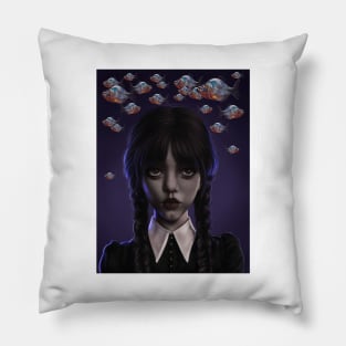 wednesday addams piranha gothic picture sticker netflix Pillow