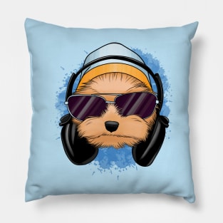 Cute yorkie with headphones Pillow