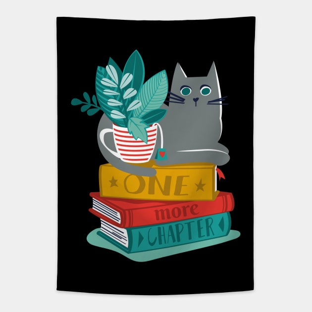 One more chapter // spot // black background grey cat striped mug with plants orange teal and yellow books with quote Tapestry by SelmaCardoso