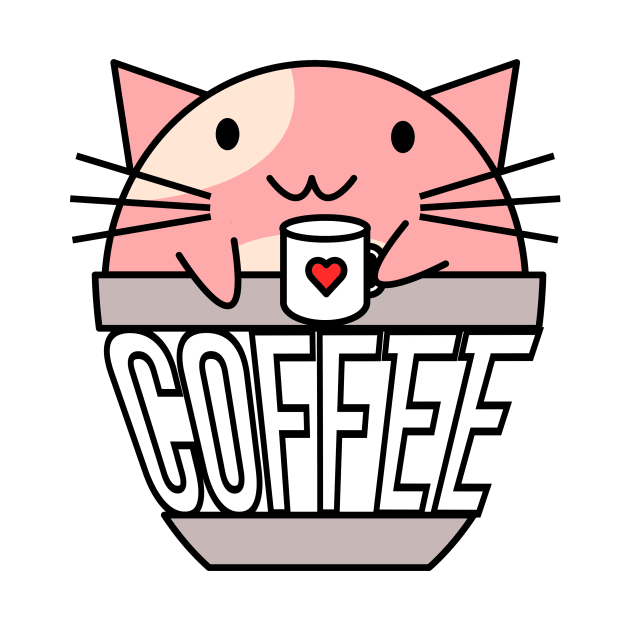 Cat in coffee cup with warped text holding coffee cup with heart pink and white by coffeewithkitty