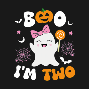 Boo I'm Two Ghost Second 2nd Birthday Groovy Halloween Girls T-Shirt