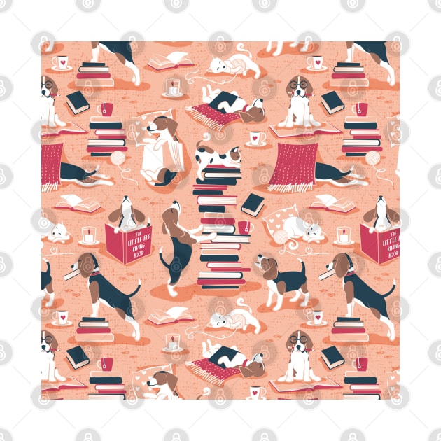 Life is better with books a hot drink and a friend // pattern // coral background brown white and blue beagles and cats and red cozy details by SelmaCardoso