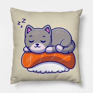 Cute Cat Sleeping On Sushi Salmon Cartoon Pillow