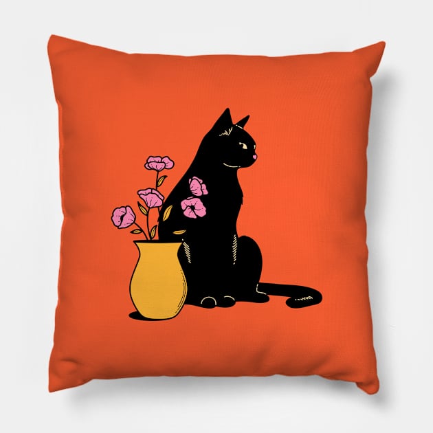 Playful Black Cat in orange Pillow by The Charcoal Cat Co.