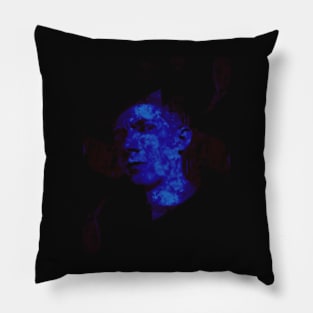 Portrait, digital collage and special processing. Weird man looking on us. Dark, dim, blue. Pillow