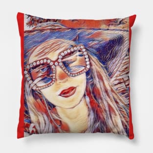 Glamourous Hat Lady in Red Pillow