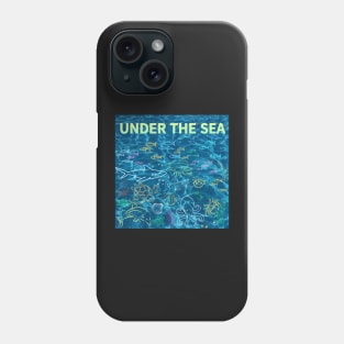 under the sea,blue sea,sea creatures,Turtle, puffer fish, starfish, shrimp, shark, tropical fish, sea horse, seaweed, sardines, squid, crabs, clams Phone Case