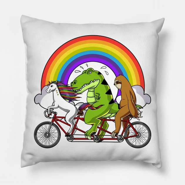 Unicorn Dinosaur Sloth Riding Bicycle Pillow by underheaven