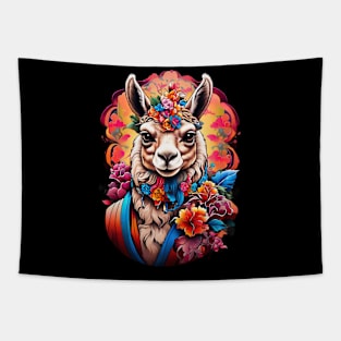 Llama in Floral Crown: A Serene Portrait Tapestry