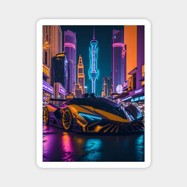 Dark Neon Sports Car in Japanese Neon City Magnet by star trek fanart and more