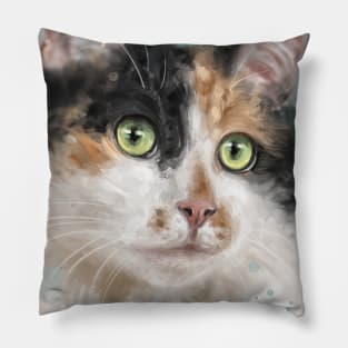 Painting of an Adorable Calico Tri-Color Cat with Gorgeous Green Eyes Pillow