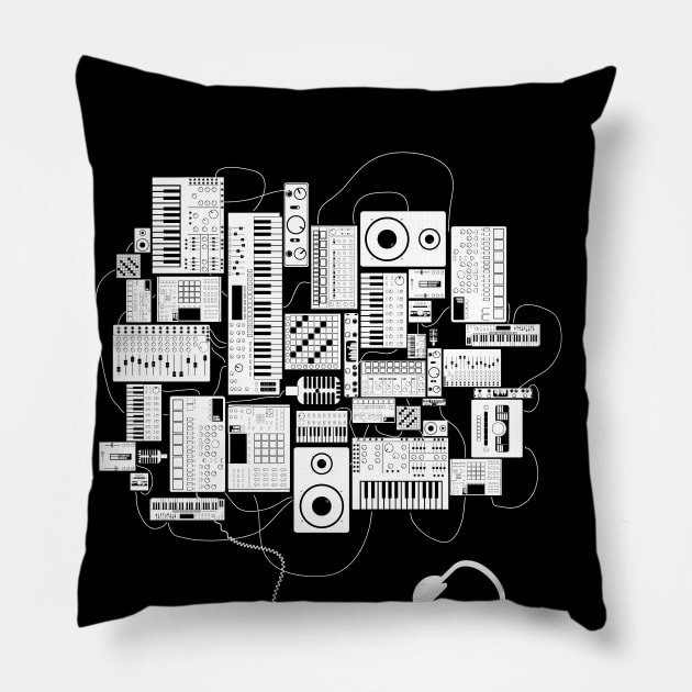 Electronic Music Producer With Synthesizer and Drum Machine Pillow by Mewzeek_T