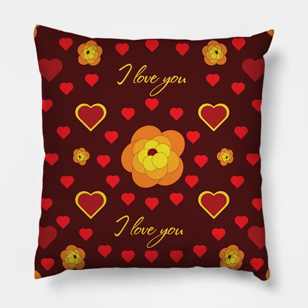 Golden flowers on a red background and a heart with the words "I love you". St. Valentine's Day. Pillow by ClubFate