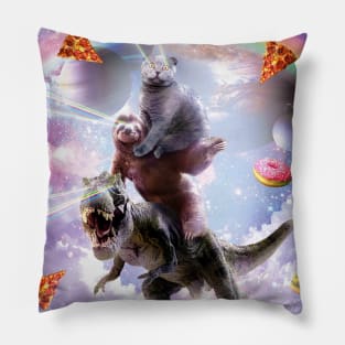 Laser Eyes Space Cat On Sloth Dinosaur - Rainbow Pillow