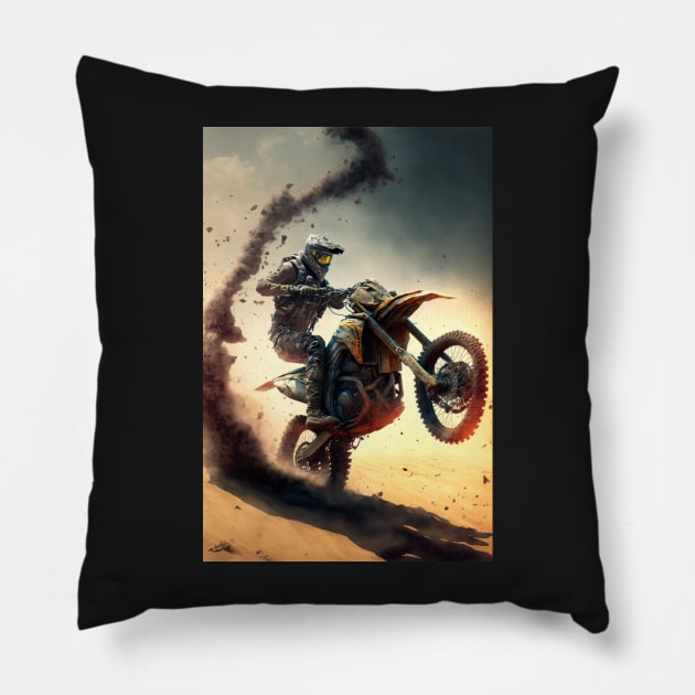 Fast Dirt bike rider on mars W/ dirt CGI style Pillow by KoolArtDistrict