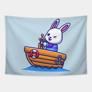 Cute Rabbit Riding Boat Cartoon Tapestry