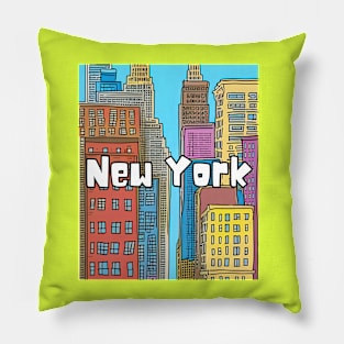 New York city retro cartoon style colorful Pillow