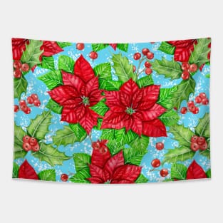 Poinsettia and holly berry watercolor Christmas pattern Tapestry