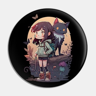 Angry Girl & Cat Kawaii Anime Black Cat Lover Halloween Pin