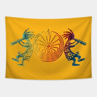 Kokopelli Duo With Man In The Maze Symbol 1 Tapestry