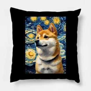 Shiba Inu Dog Breed Painting in a Van Gogh Starry Night Art Style Pillow