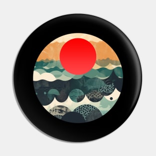 Red sun Japanese Art Inspired Patterned Ocean Pin