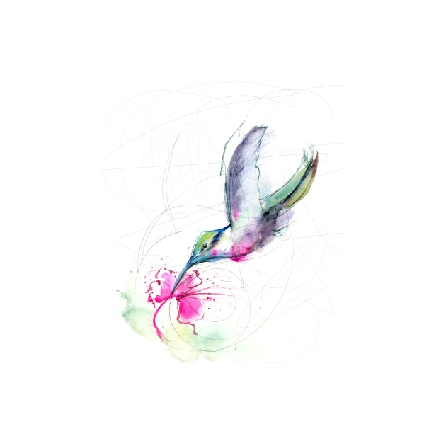 Watercolor Hummingbird with flower by PaintsPassion