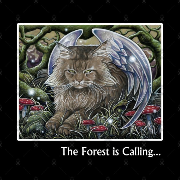 Cat Forest Spirit - The Forest is Calling - White Outlined Version by Nat Ewert Art