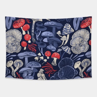 Mystical fungi // midnight blue background blue and red wild mushrooms Tapestry